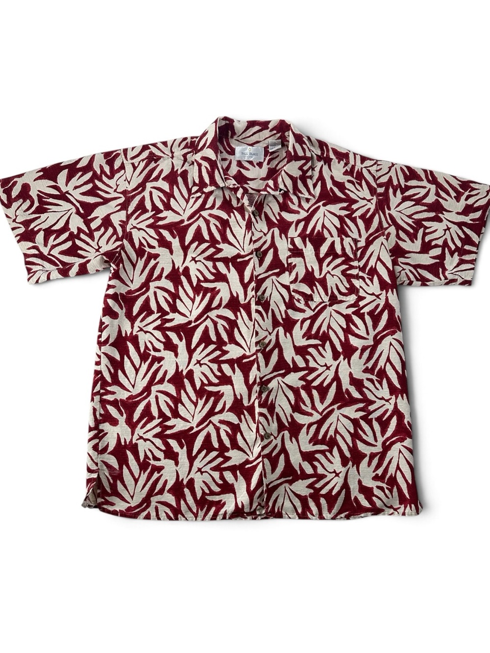bill blass Maroon and Cream Leaf-Print Silk Short Sleeve Button Shirt